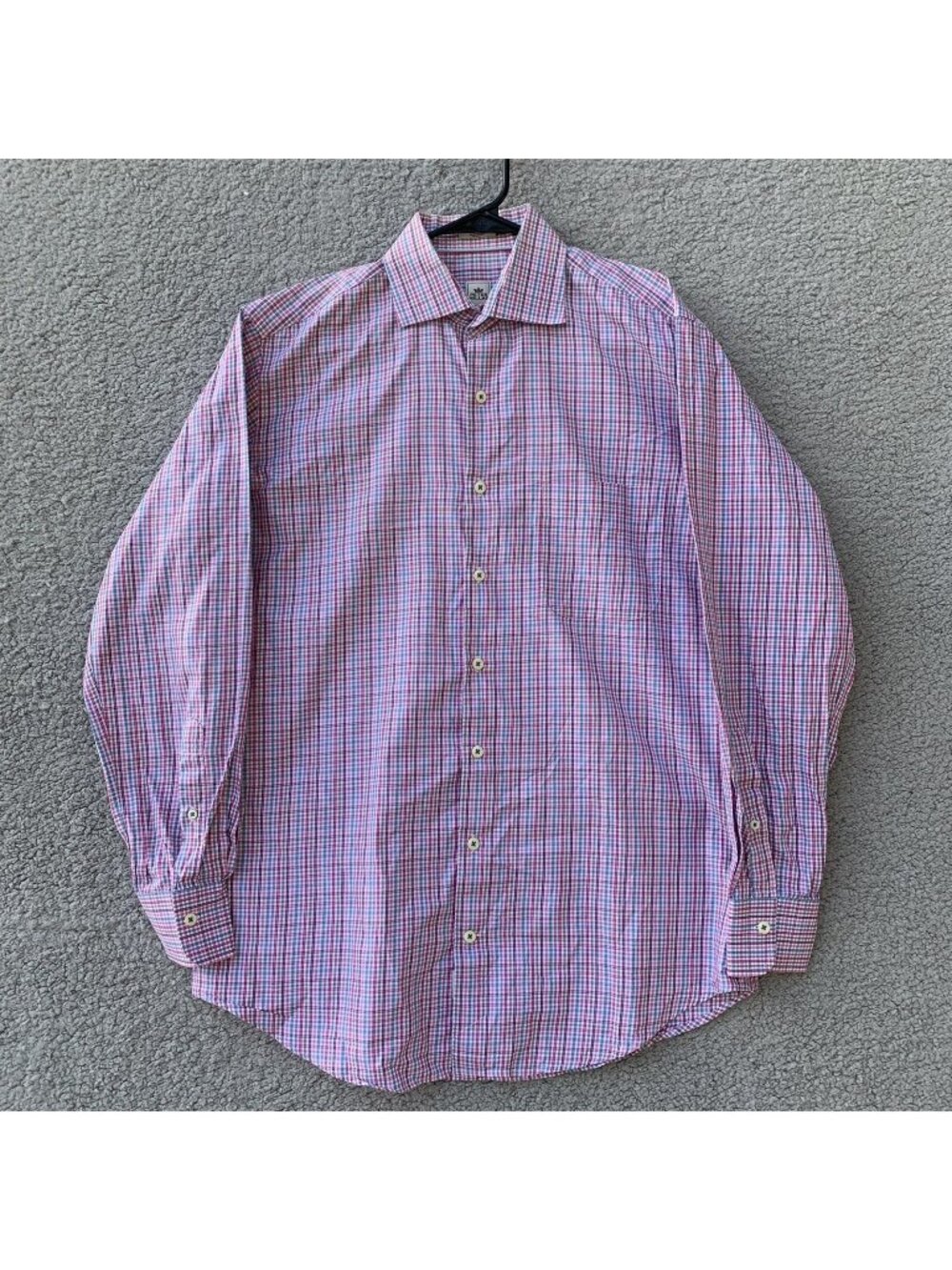 Peter Millar Mens Shirt Medium Blue Purple Pink Plaid Button Long Sleeve